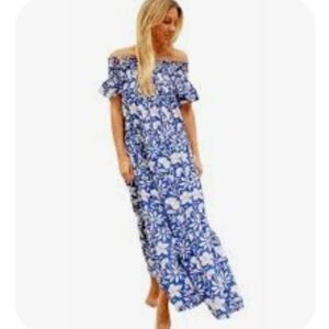 Tuckernuck Guadelupe Momposina Maxi Dress Blue White Floral Blockprint Tiered S